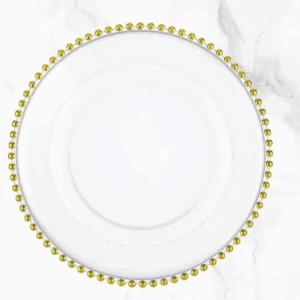Gold beaded acrylic charger plates hire